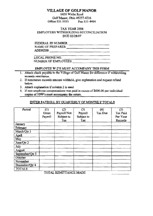 Employers Withholding Reconciliation Due 02/28/07 Form Printable pdf