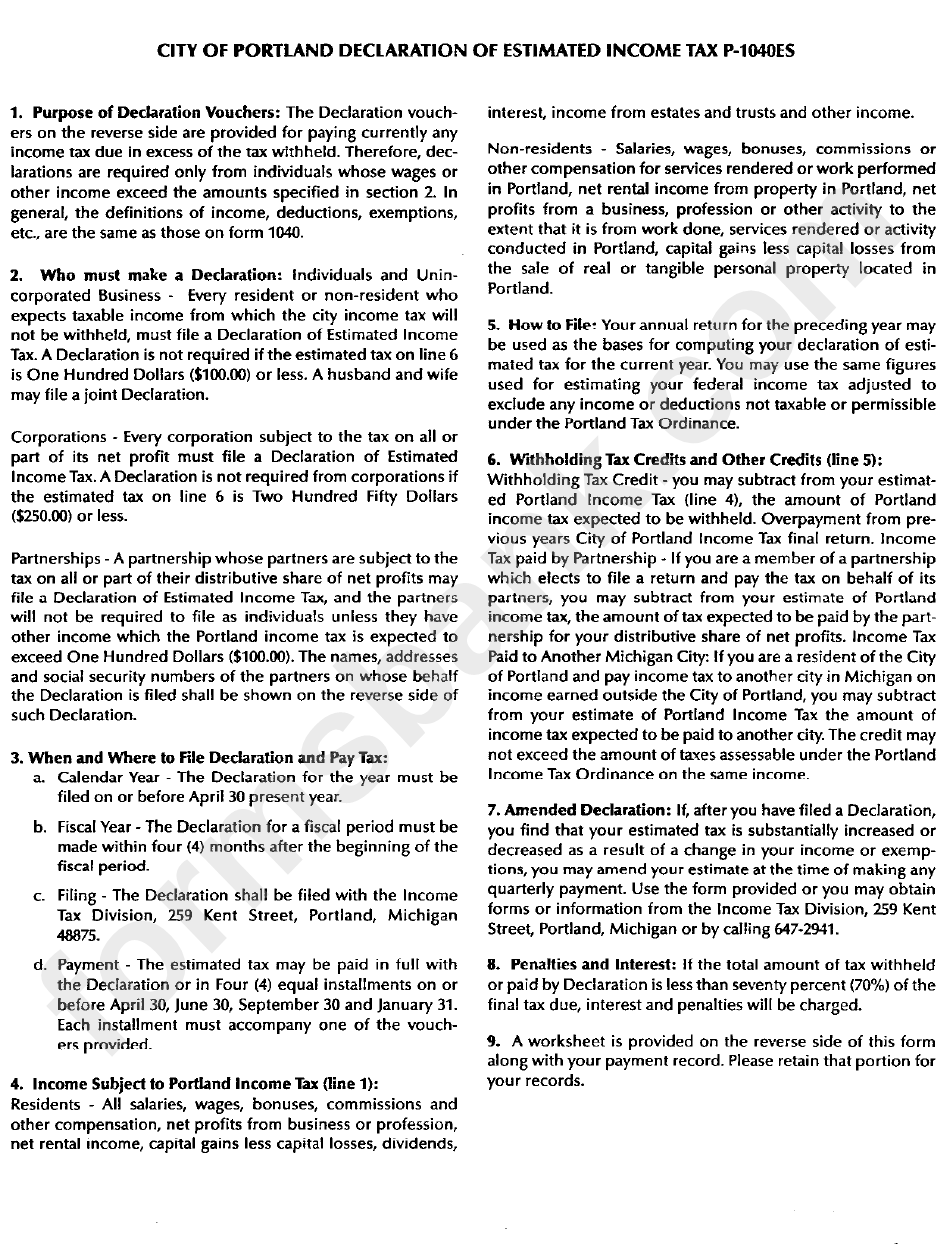 Form P-1040es - City Of Portland Declaration Of Estimated Income Tax - Instructions