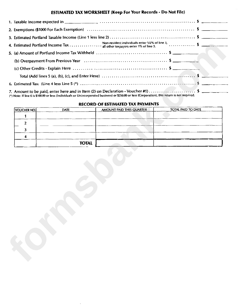 Form P-1040es - City Of Portland Declaration Of Estimated Income Tax - Instructions