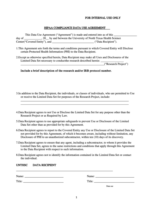 Fillable Hipaa Compliance Data Use Agreement Form Printable pdf