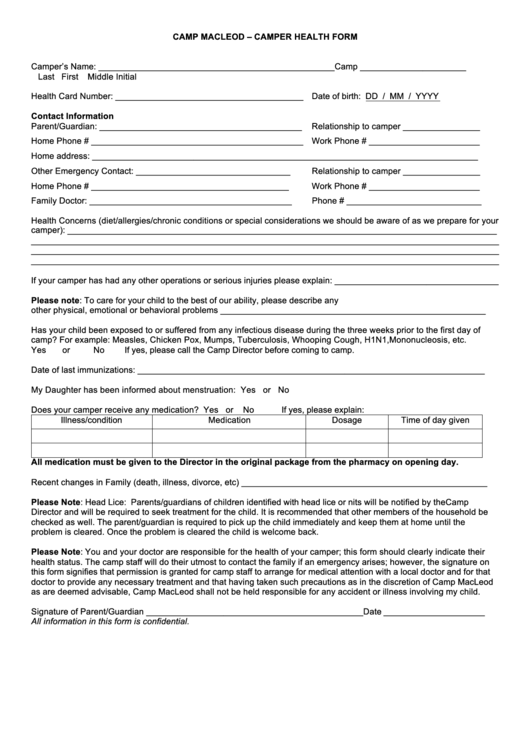 Camper Health Form Printable pdf