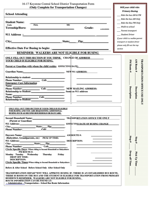 Fillable 16-17 Keystone Central School District Transportation Form Printable pdf