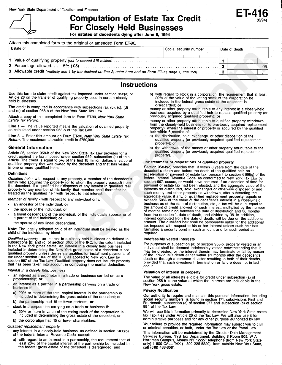 Form Et-416 - Computation Of Estate Tax Credit For Closely Held Business