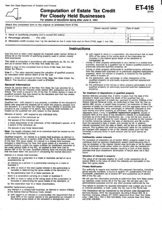 Form Et-416 - Computation Of Estate Tax Credit For Closely Held Business Printable pdf