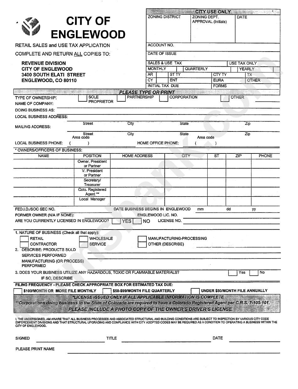 Retail Sales And Use Tax Application Form - City Of Englewood