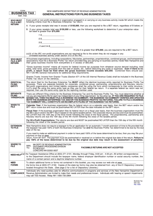 Business Tax Form - General Instructions For Filing Business Taxes - 2003 Printable pdf
