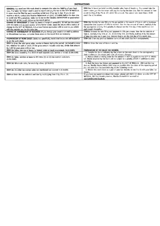 Sales Tax Return Instructions - City Od Wasilla Printable pdf