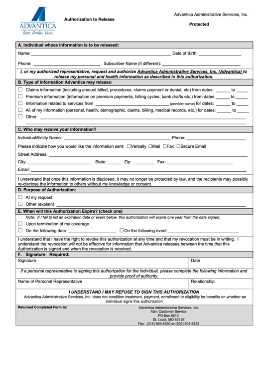 Authorization To Release Protected Health Information Form Printable pdf