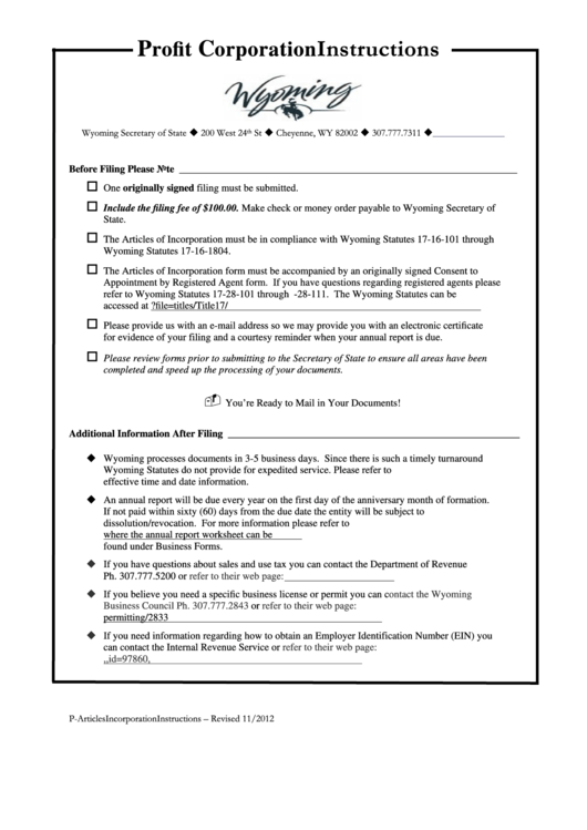 Profit Corporation Instructions - Wyoming Secretary Of State Printable pdf