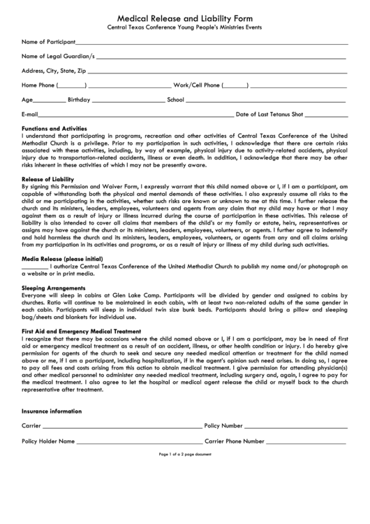 Medical Release And Liability Form - Texas Printable pdf