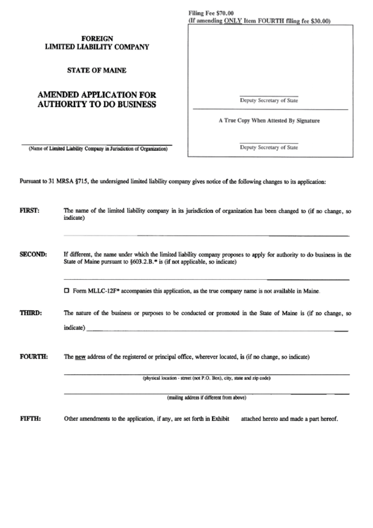 Amended Application For Authority To Do Business Form Printable pdf