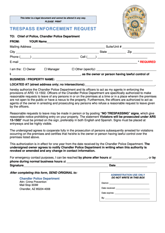 Trespass Enforcement Request - Chandler Police Department
