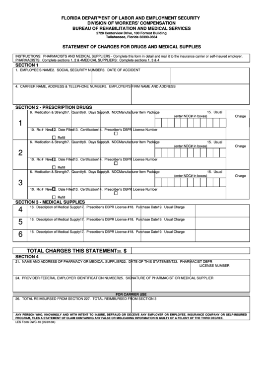 Form Dwc-10 - Statement Of Charges For Drugs And Medical Supplies Printable pdf