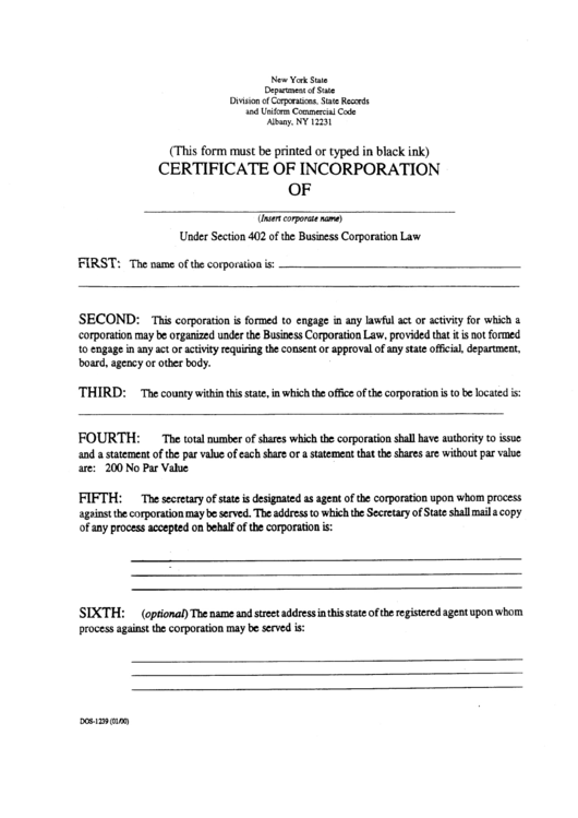 Certificate Of Incorporation Form Printable pdf