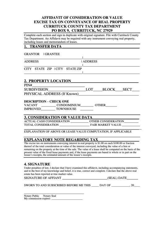 Affidavit Of Consideration Or Value Excise Tax On Conveyance Of Real Property Form - Currituck County Tax Department Printable pdf