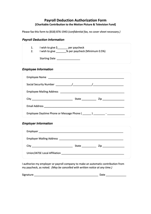 Fillable Payroll Deduction Authorization Form Printable pdf
