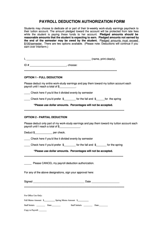Payroll Deduction Authorization Form Printable pdf