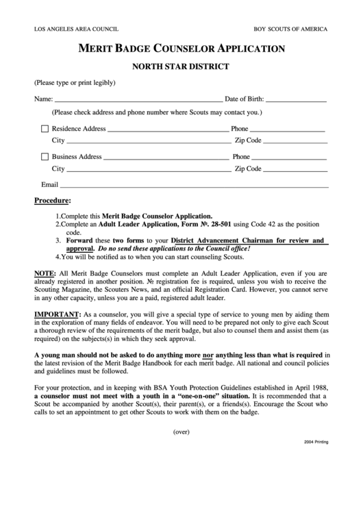 Merit Badge Counselor Application Form - Bsa Printable pdf