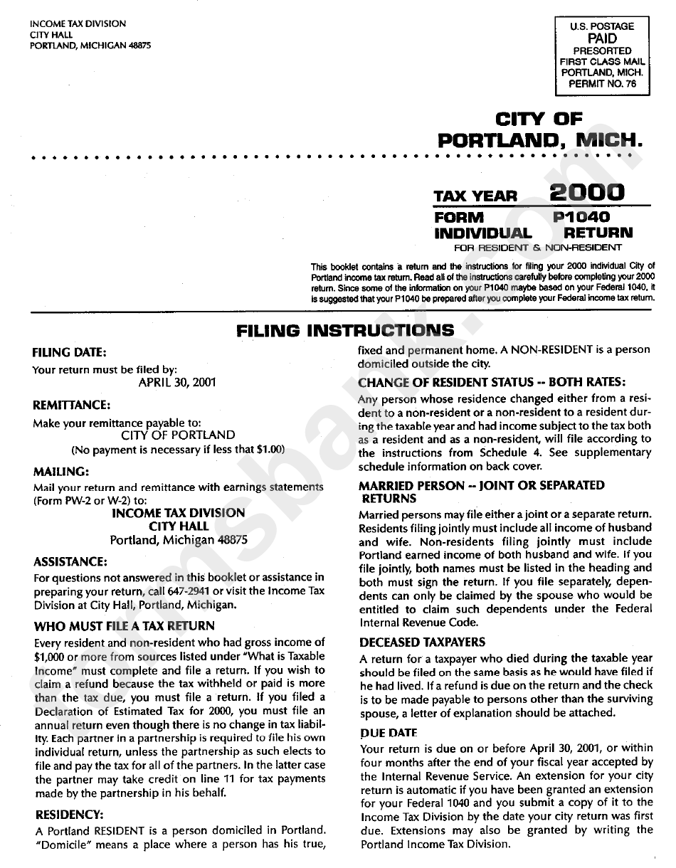 Form P 1040 - Individual Return - City Of Portland