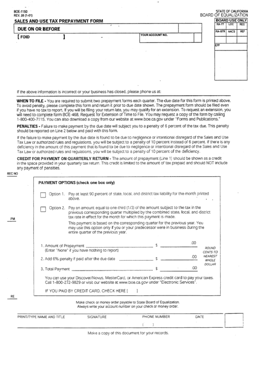 Form Boe-1150 - Sales And Use Tax Prepayment Printable pdf