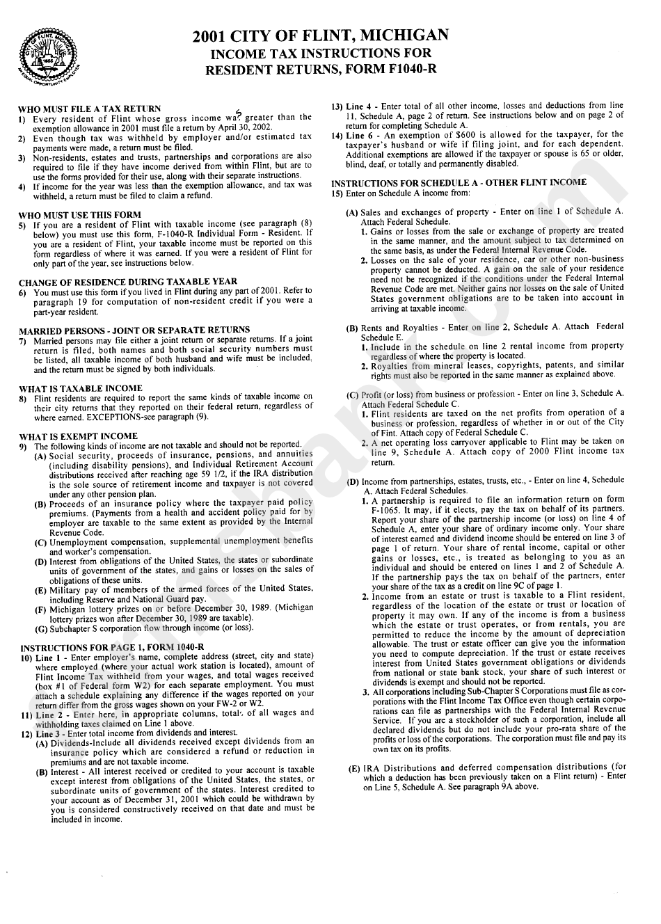 Form F1040-R - 2001 City Of Flint, Income Tax For Resident Returns - Instructions
