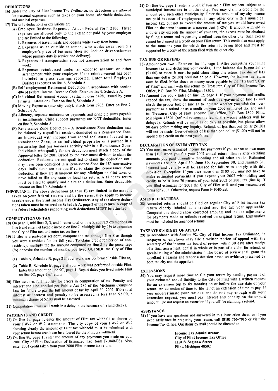 Form F1040-R - 2001 City Of Flint, Income Tax For Resident Returns - Instructions