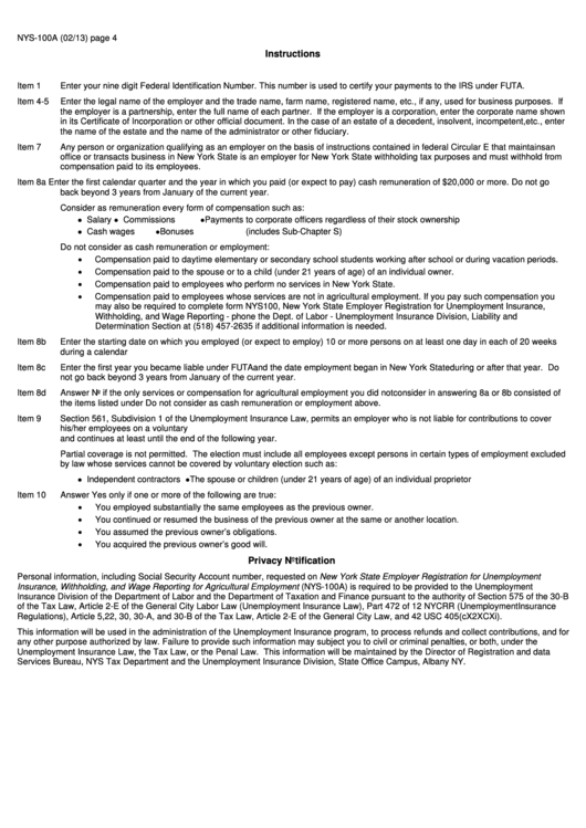 Form Nys-100a - New York State Employer Registration For Unemployment Insurance, Withholding, And Wage Reporting For Agricultural Employment - Instructions Printable pdf