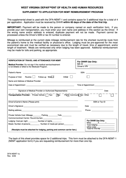Form - Dfa-Nemt-1a - Supplement To Application For Nemt Reimbursement Program Printable pdf
