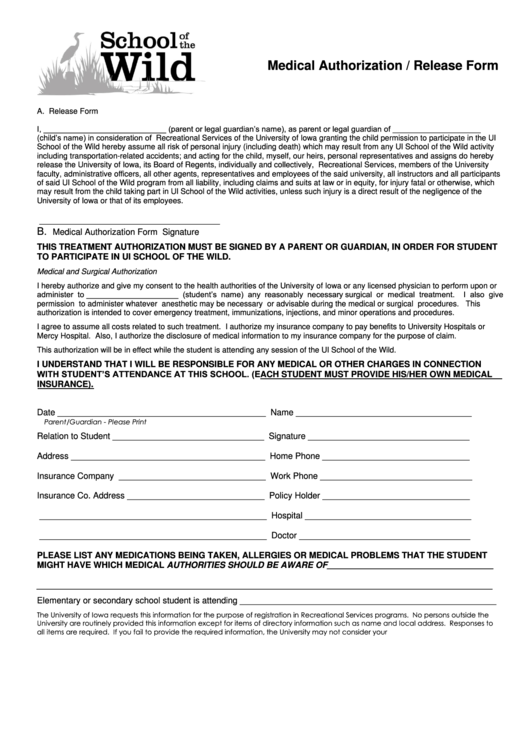 Medical Authorization / Release Form Printable pdf