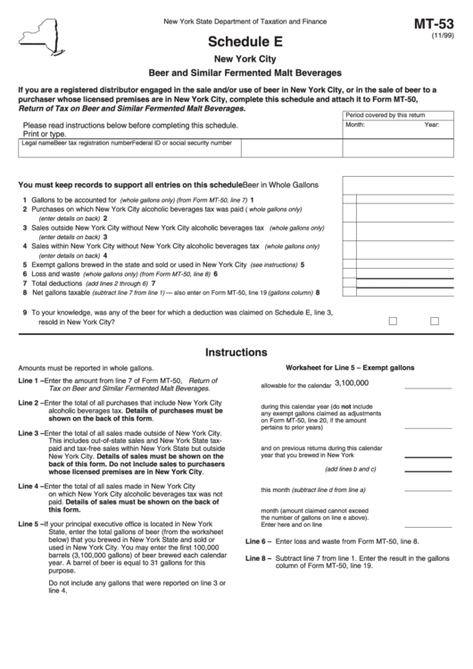 Form Mt-53 - Schedule E Beer And Similar Fermented Malt Beverages - New York State Department Of Taxation And Finance Printable pdf