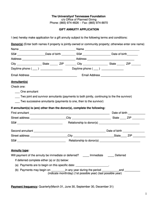 Gift Annuity Application Form Printable pdf
