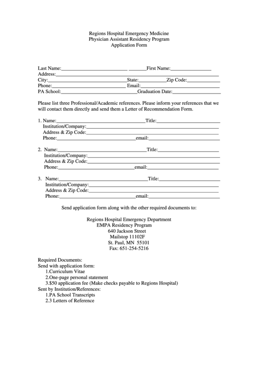 Fillable Application Form - Regions Hospital Emergency Medicine Physician Assistant Residency Program Printable pdf