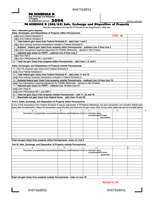 Fillable Form Pa-20s/pa-65 D - Pa Schedule D Sale, Exchange And Disposition Of Property- Pennsylvania Department Of Revenue - 2004 Printable pdf
