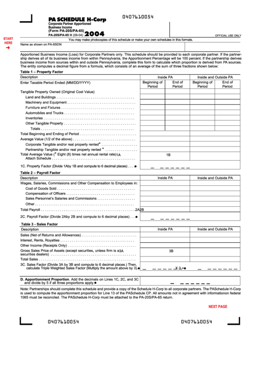Fillable Form Pa-20s/pa-65 - Pa Schedule H-Corp Corporate Partner Apportioned Business Income - Pennsylvania Department Of Revenue - 2004 Printable pdf