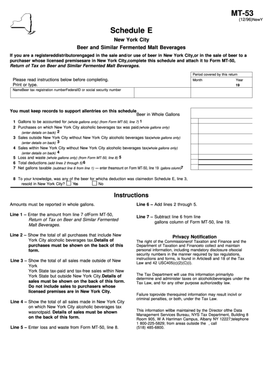 Fillable Form Mt-53 - Schedule E New York City Beer And Similar Fermented Malt Beverages - New York State Department Of Taxation And Finance Printable pdf