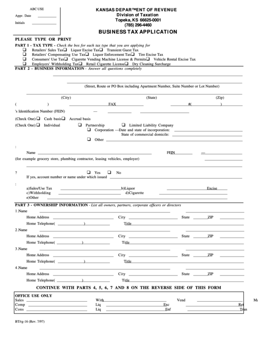 Fillable Form Bt/rg-16 - Business Tax Application - Kansas Department Of Revenue Division Of Taxation Printable pdf