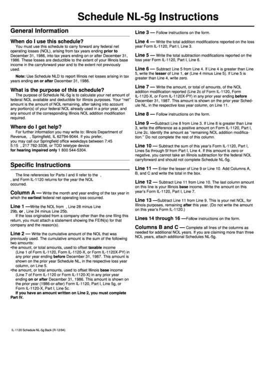Schedule Nl-5g Instructions - Illinois Department Of Revenue Printable pdf