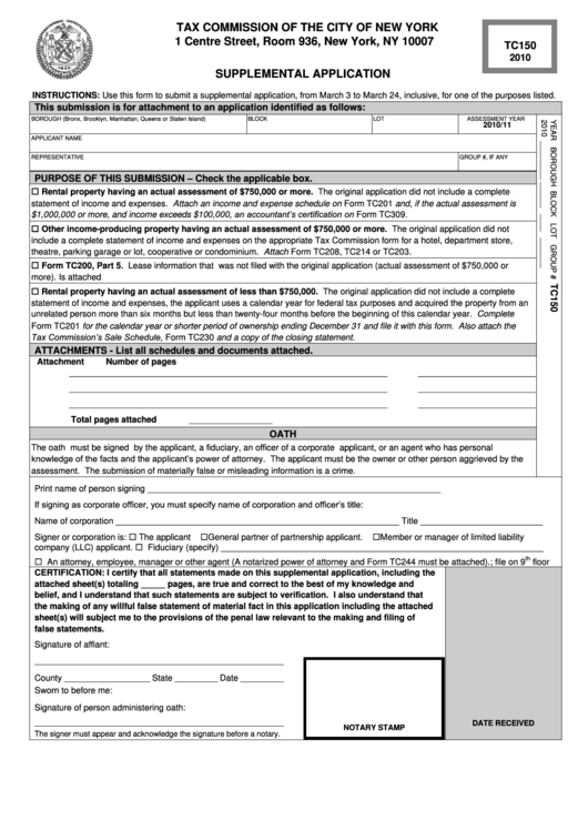 Form Tc150 - Supplemental Application - 2010 Printable pdf