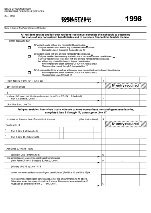 Fillable Form Ct-1041 - Schedule C Calculation Of Connecticut Taxable Income - State Of Connecticut Department Of Revenue Services - 1998 Printable pdf