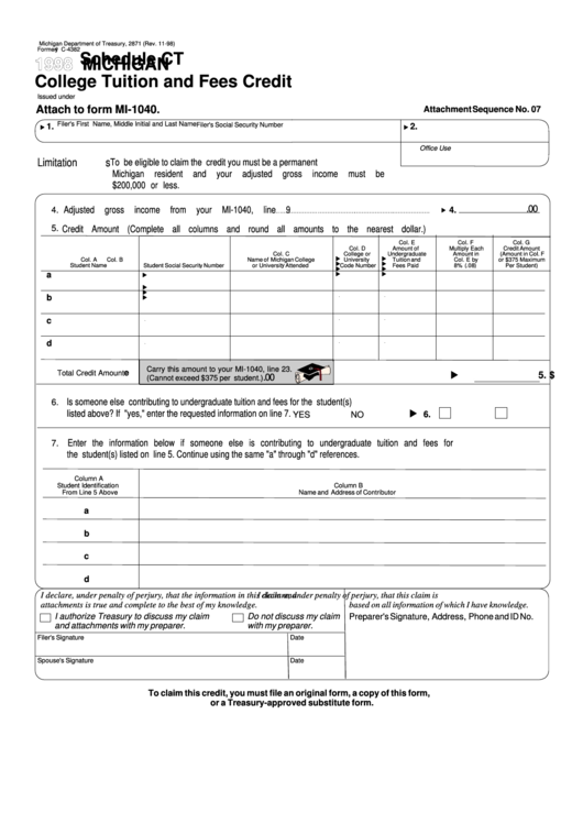 Fillable Attach To Form Mi-1040 - Schedule Ct College Tuition And Fees Credit - Michigan Department Of Treasury - 1998 Printable pdf