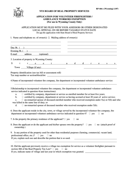 Form Rp-466-C - Application For Volunteer Firefighters / Ambulance Workers Exemption, Wyoming - 2007 Printable pdf