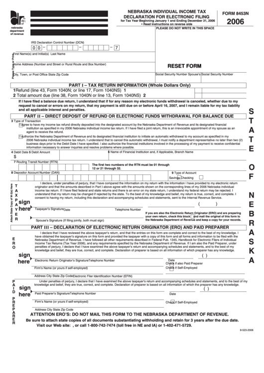 Fillable Form 8453n - Nebraska Individual Income Tax Declaration For Electronic Filing - 2006 Printable pdf