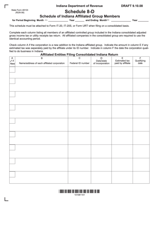 Form 49103 - Schedule 8-D Of Indiana Affiliated Group Members - Indiana Department Of Revenue Printable pdf