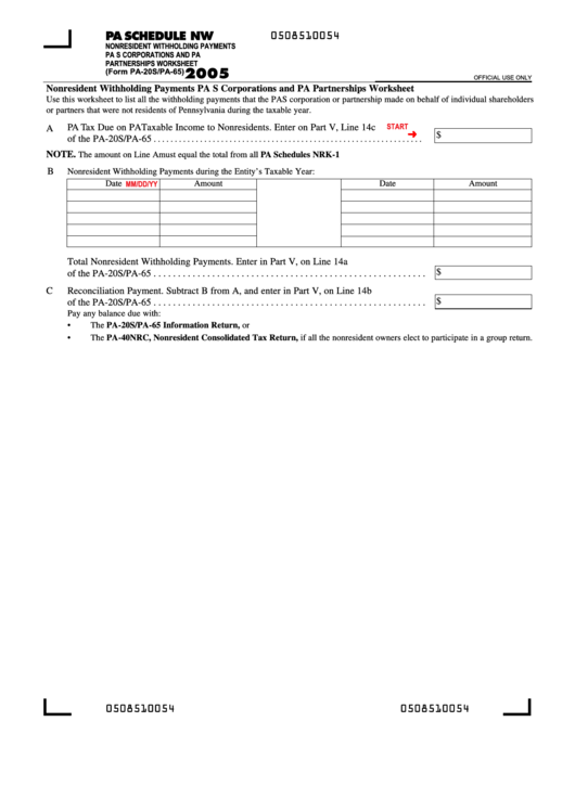 Fillable Form Pa-20s/pa-65 - Pa Schedule Nw Nonresident Withholding Payments Pa S Corporations And Pa Partnerships Worksheet - Pennsylvania Department Of Revenue Printable pdf
