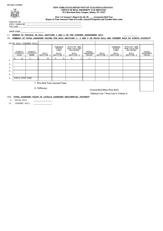 Form Rp-6603 - Report Of Total Assessed Value Of Locally Assessed Properties And Taxable State Land Printable pdf