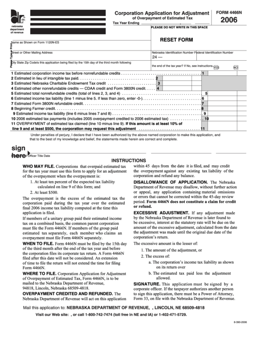 Fillable Form 4466n - Corporation Application For Adjustment - 2006 Printable pdf