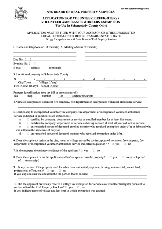 Form Rp-466-E - Application For Volunteer Firefighters/volunteer Ambulance Workers Exemption, Schenectady - 2007 Printable pdf
