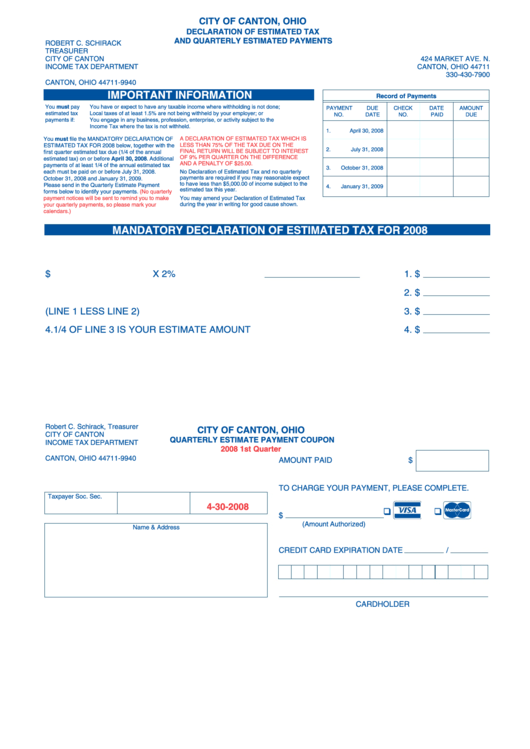 Declaration Of Estimated Tax Robert C. Schirack And Quarterly Estimated Payments Form Printable pdf