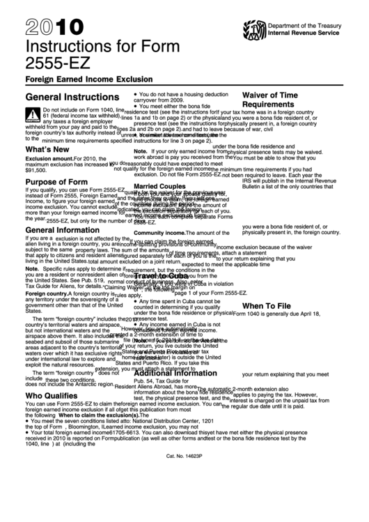 Instructions For Form 2555-Ez - Foreign Earned Income Exclusion - Internal Revenue Service - 2010 Printable pdf