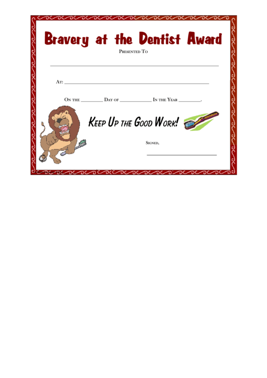 Bravery At The Dentist Award Certificate Template Printable pdf